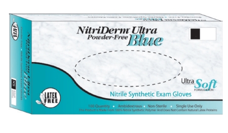 Gloves Exam NitriDerm® Ultra Blue Medium NonSterile Nitrile Standard Cuff Length Fully Textured Light Blue Chemo Tested (100/BX 10BX/CS) by Innovative Healthcare Corp., Inc.  ID 157200